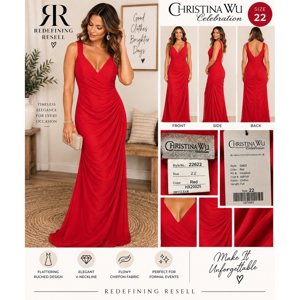 Christina Wu Celebration 22622 Red Chiffon Ruched V-Neck Formal Gown Size 22